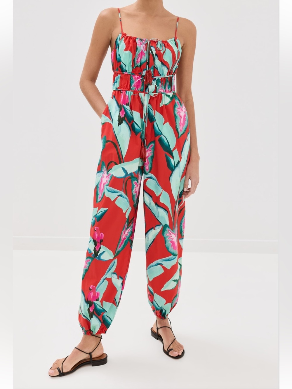 FARM Rio Red Summer Foliage Jumpsuit Tropical Floral Cotton Size Medium